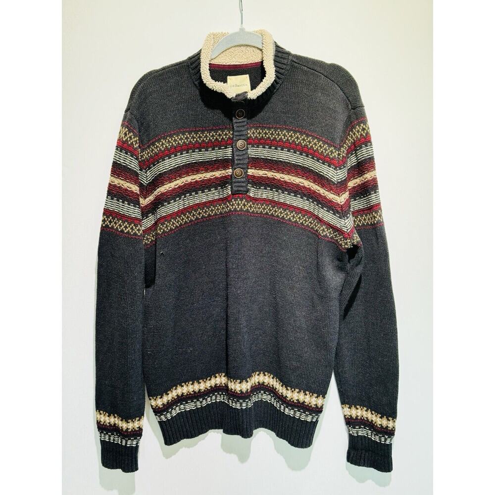 Vintage G.H. Bass Fair Isle Sweater Sherpa Collar 3 Button Long Sleeve Men's XL